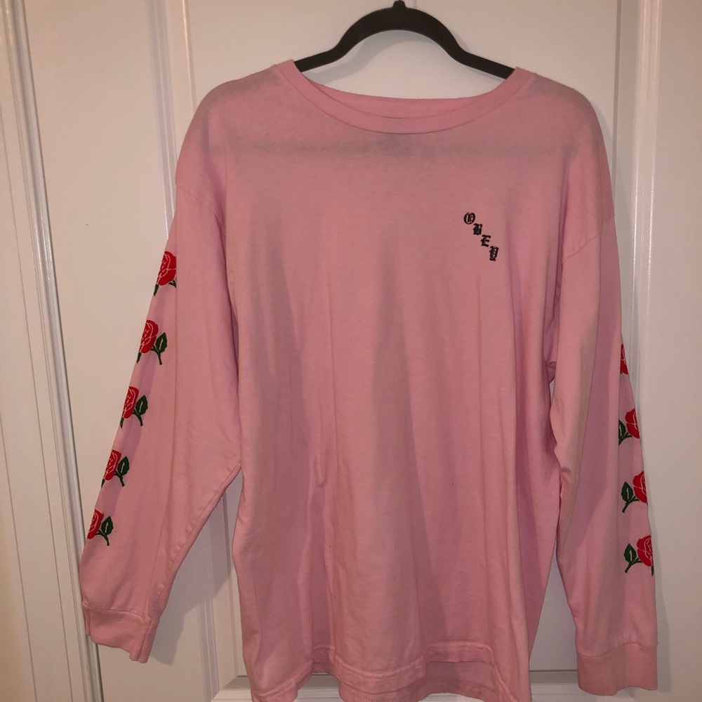 Long Sleeve Pink Obey Shirt With Roses On Sleeves